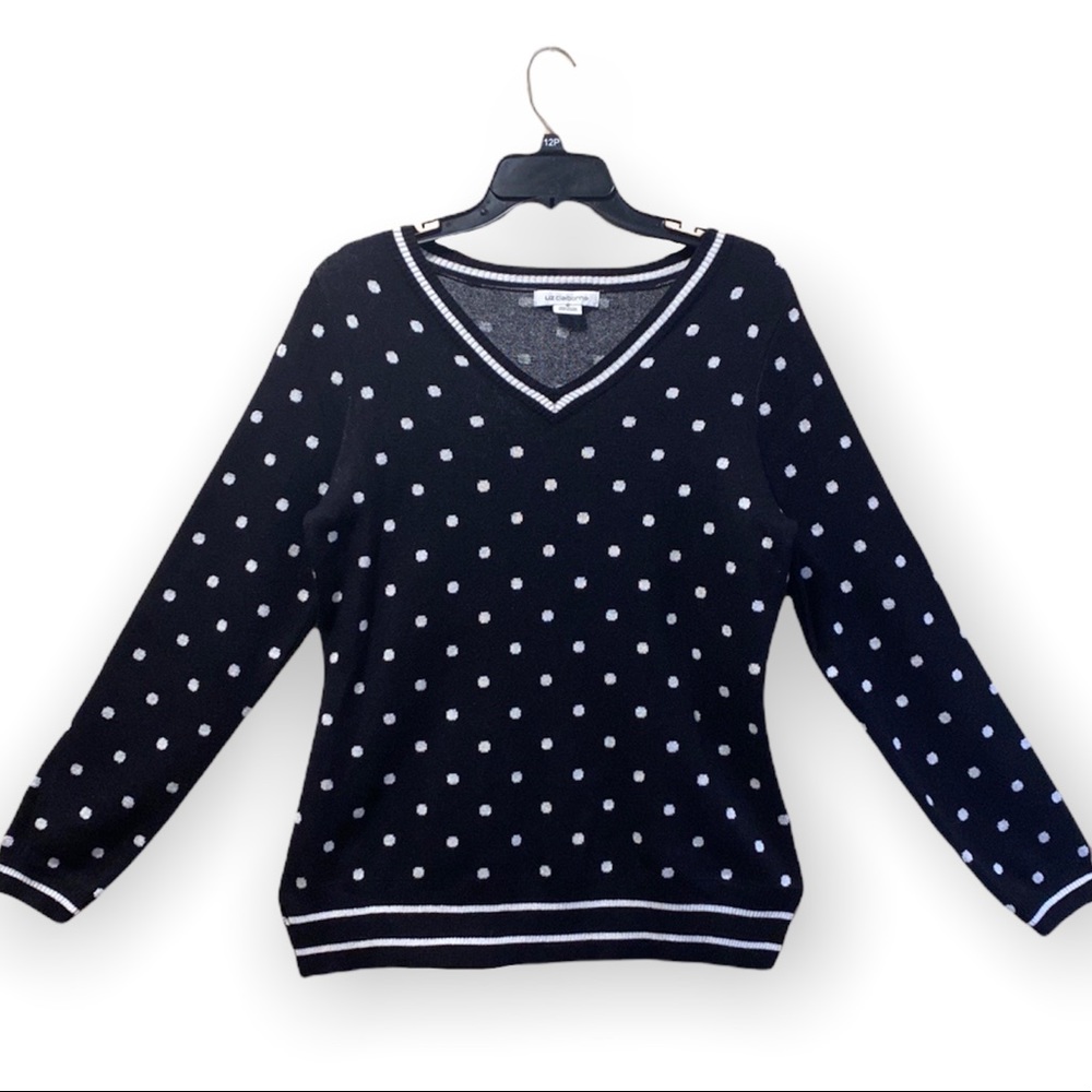 Liz Claiborne Black and White Polka Dot V-Neck Sweater